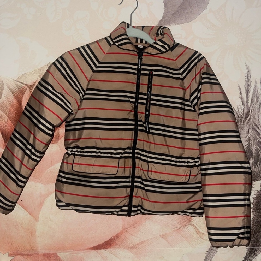 Burberry Kids Puffer Jacket in Beige and Black Stripes